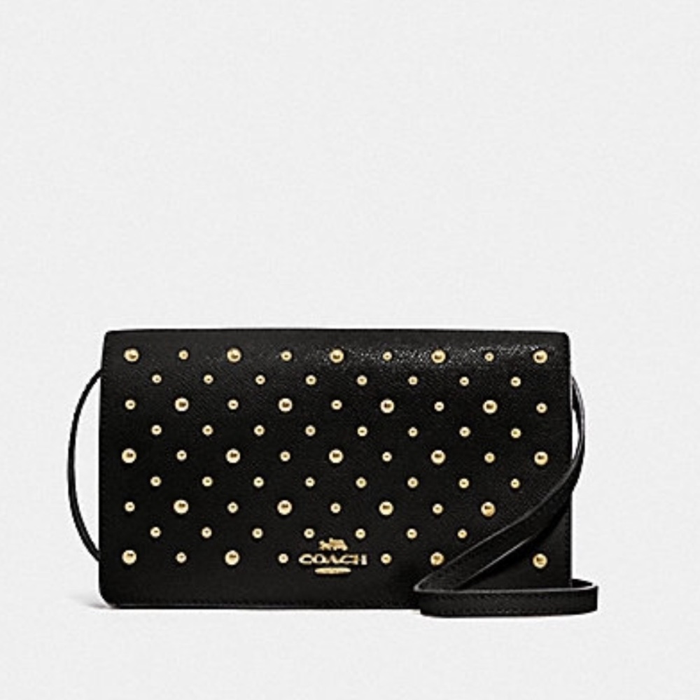 Coach cross body black leather bag woc studded